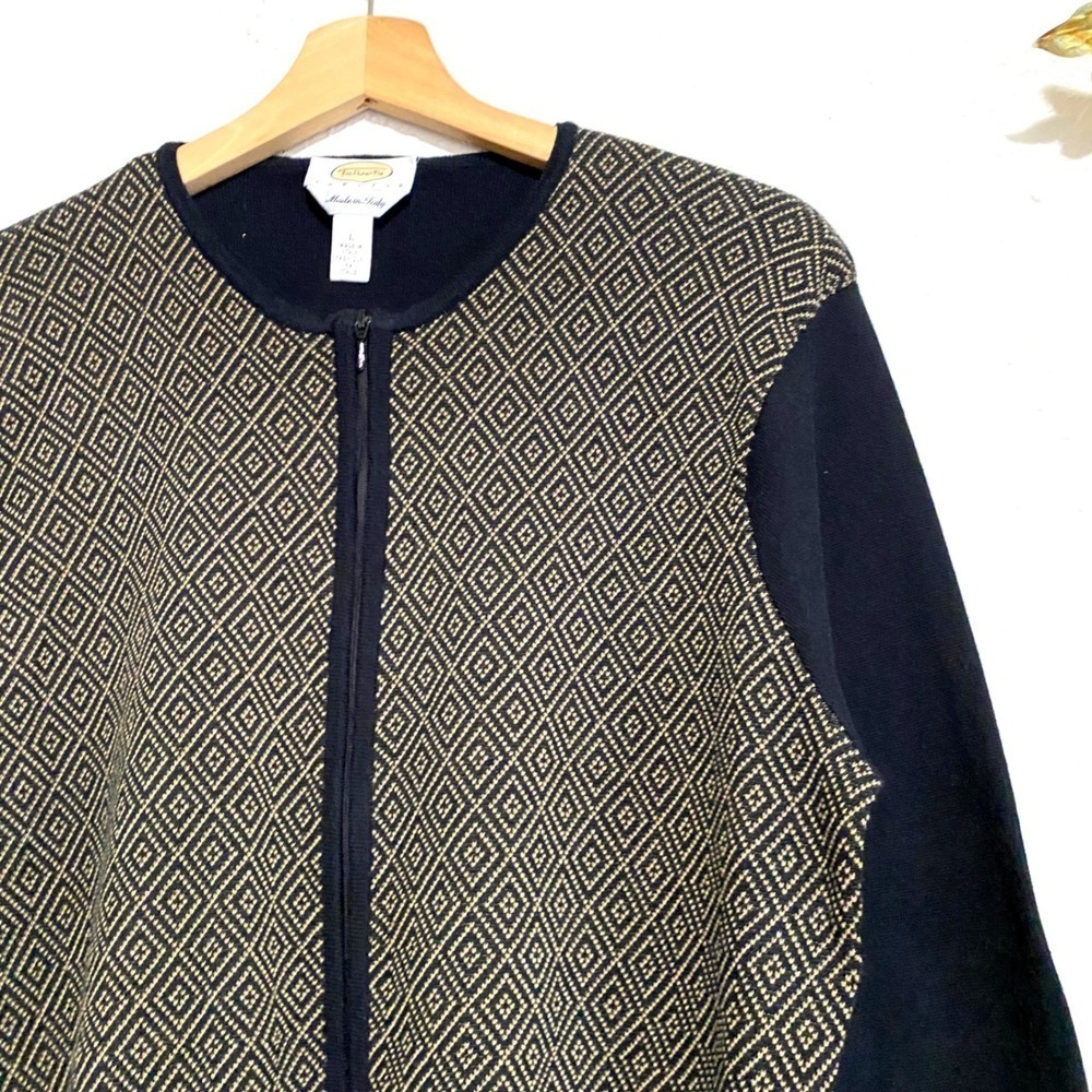 Talbots Womens Black Gold Diamond Zip Cardigan Sweater old money Large‎ classic